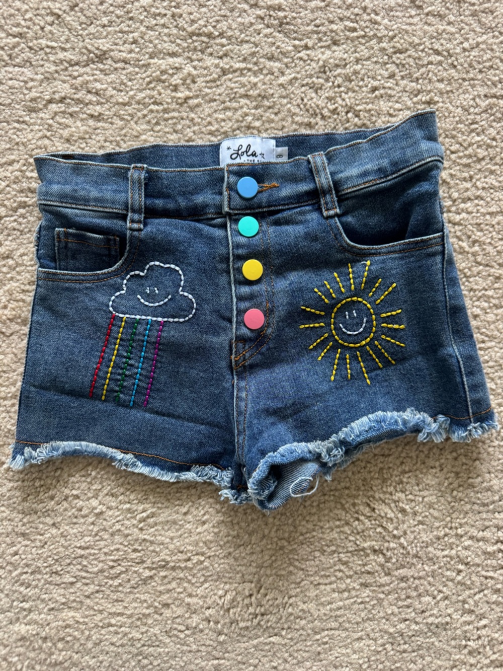 Lola + The Boys Embroidered Sun & Cloud Denim Shorts - Blue